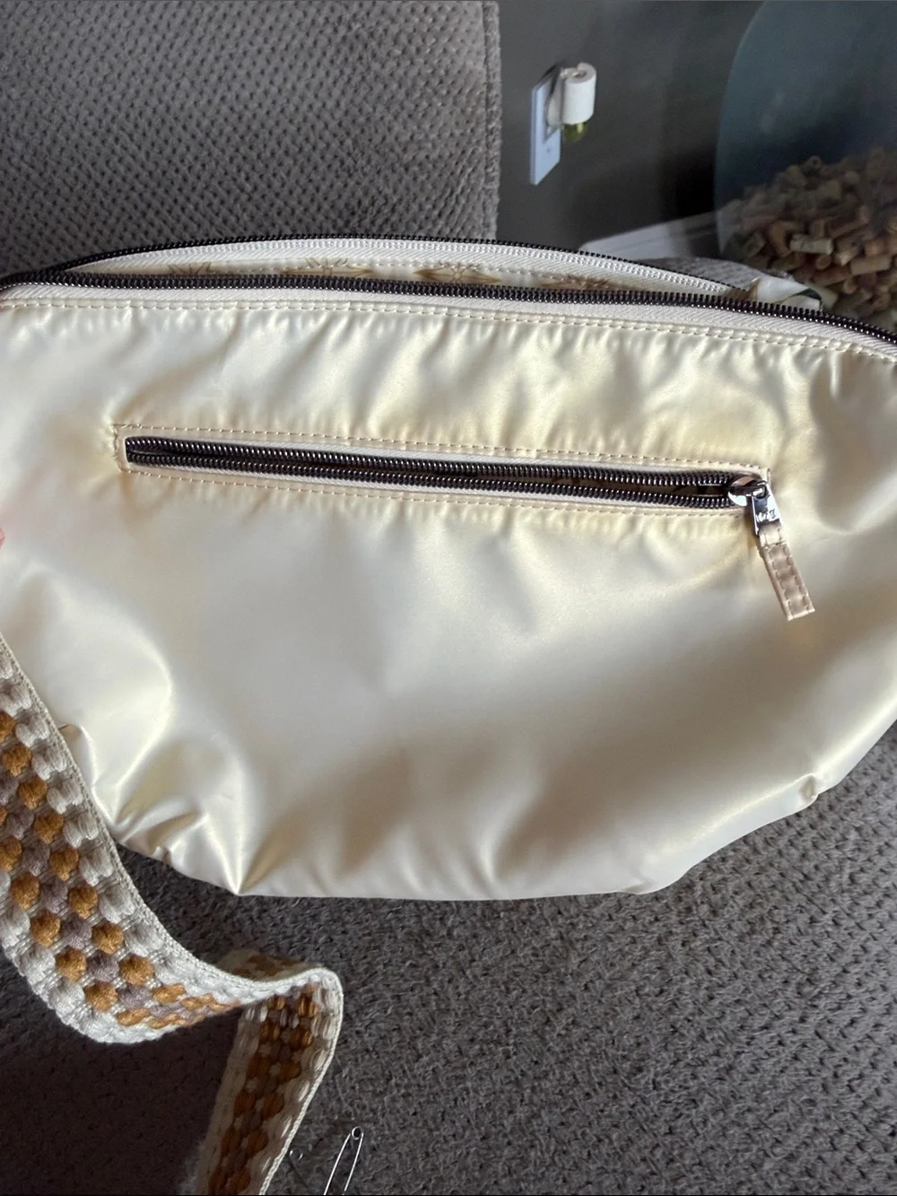 lug bolero Quilted Crescent Crossbody in Cream with Yellow-Accent Woven Strap
